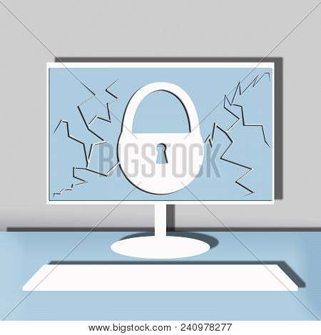 Computer Security Illustration, Flat Cartoon Design Desktop Pc With Closed Lock, Concept Of Firewall