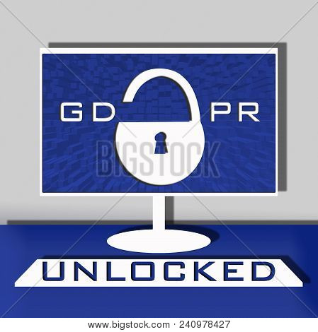 Computer Security Illustration, Flat Cartoon Design Desktop Pc With Closed Lock, Concept Of Firewall