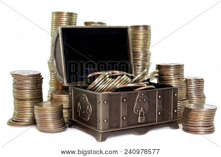 Steel Open Small Chest Full Of Coins