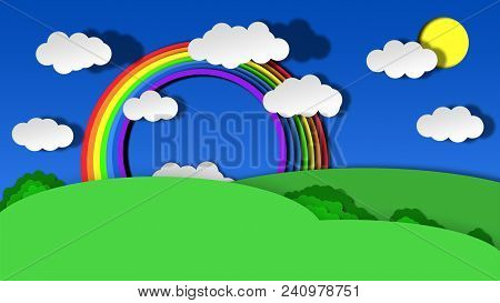 Raster Illustration Of Paper Landscape With Clouds, Hills And Rainbow
