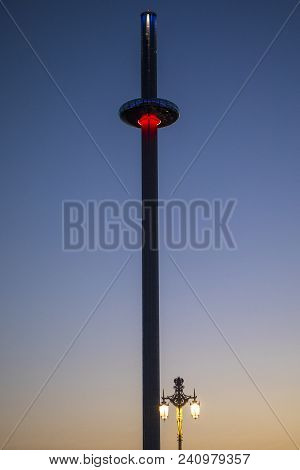 Brighton, Uk - May 4th 2018: A Dusk-time View Of The British Airways I360 Observation Tower Along Th