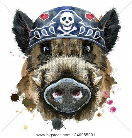 Cute Piggy. Wild Boar For T-shirt Graphics. Watercolor Illustration Of Brown Boar Wearing Biker Band