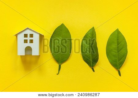 Miniature Toy Model House With Green Leaves On Yellow Colourful Trendy Backgdrop. Eco Village, Abstr