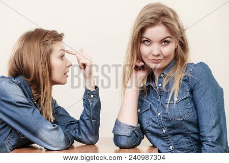 Two Women Having Argue Mocking Up Being Mad At Each Other. Female Telling Off, Ignorance Coversation
