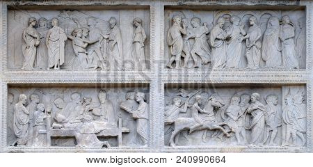 MODENA, ITALY - JUNE 04: Panel with episodes of the life of St. Geminiano, by Agostino di Duccio of about 1442, Modena Cathedral, Italy on June 04, 2017.