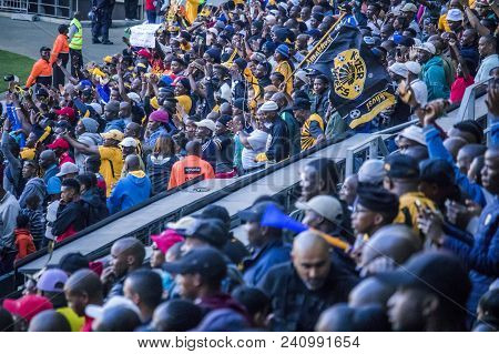 Cape Town, South Africa, 12 May 2018 - Diverse South African Football Supporters Cheering And Celebr