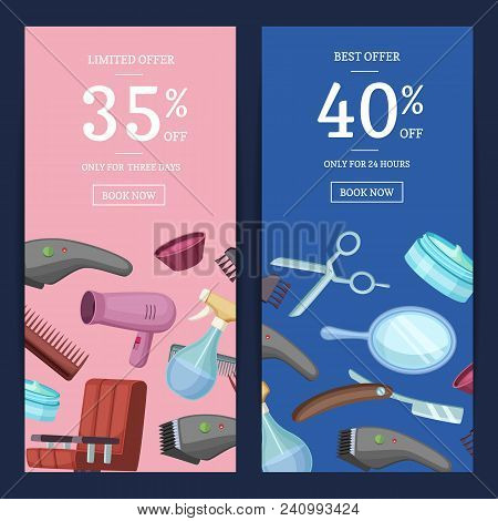 Vector Vertical Web Banners And Posters, Card Or Flyer Of Set With Hairdresser Or Barber Cartoon Ele