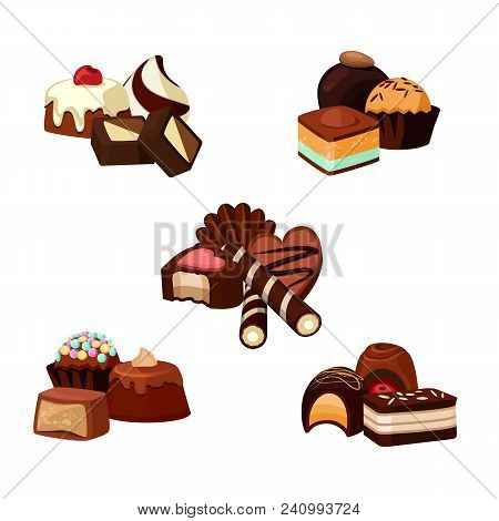 Vector Set Of Cartoon Chocolate Candy Piles Illustration Isolated On White