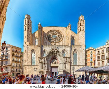 Barcelona - August 10: Scenic Facade Of The Gothic Church Of Santa Maria Del Mar In The Ribera Distr