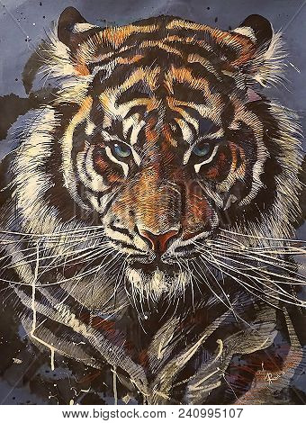 Hand-drawing Portrait Of A Tiger With Blue Eyes Isolated On Blue