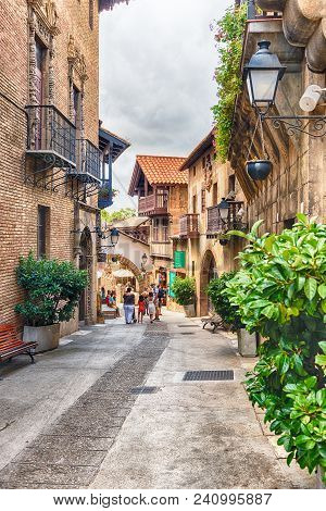 Barcelona - August 11: The Scenic Architecture Of Poble Espanyol (in English: Spanish Village), An O