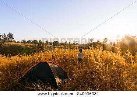 Outdoors Camping Grass Highlands Mountain In The Sunset.