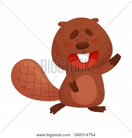 Cartoon Beaver Character Standing And Waving Paw Vector Illustration