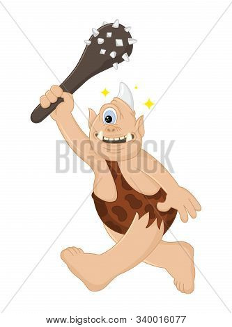 Funny Cartoon Vector Cyclops Caveman With A Cudgel Hunts. Ancient Mythical Creature. Cute Troll. Des