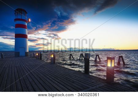 Popular Lighthouse At Lake Neusiedl See During Sunset. Podersdorf At The Lake Is Town In District Of