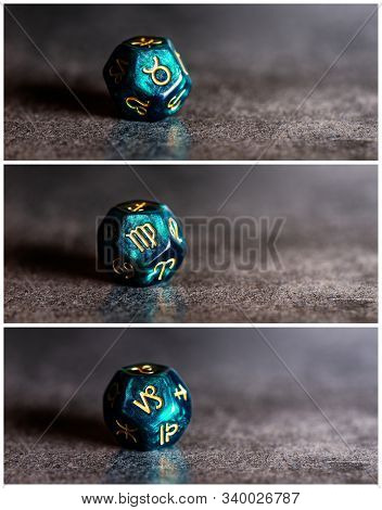 Collage Photo Of Astro Dice With Earth Signs Of Zodiac Taurus, Virgo, Capricorn. Astrology Concept