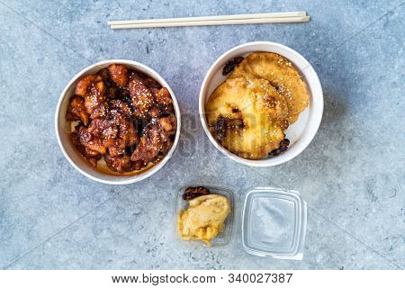 Take Away Asian Food Chinese General Tsos Chicken, Fried Pineapple Fritters Caramelized With Cinnamo