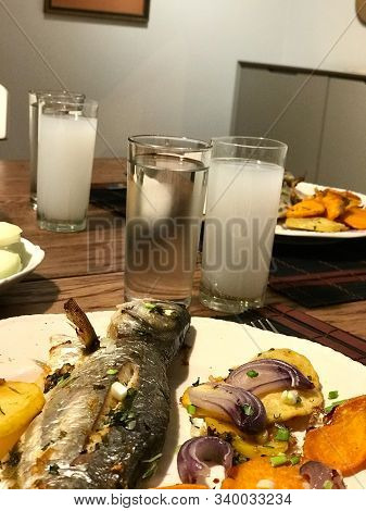 Turkish Bluefish With Raki / Lufer Fish. Traditional Seafood.