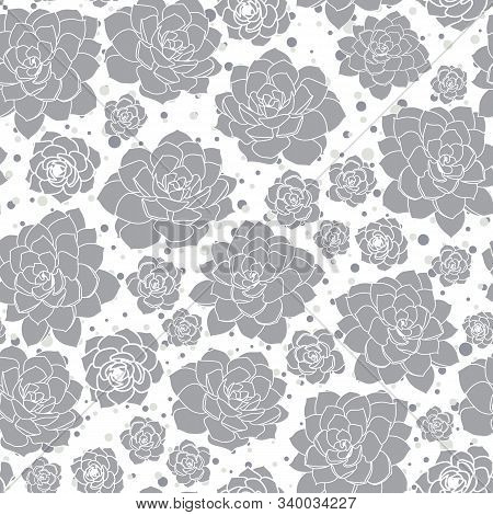 Vector Grey White Succulent Flower Dot Background Seamless Pattern Print