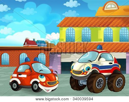 Cartoon Scene With Car Vehicle On The Road Near The Garage Or Repair Station - Illustration For Chil