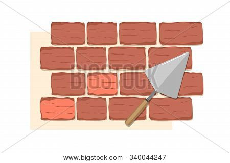 Red Brick And Vector Flat Style Hand Trowel Icon Isolated Without Background, Metal Blade For Buildi
