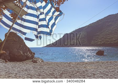 Sea And Sandy Vlychada Beach At Sunny Day. Tranquil Scene. Dyllic Relaxation Place In Greece.