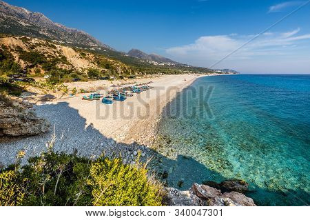 Sunbeds And Umbrellas On Dhermi Beach - Dhermi, Himare, Albania
