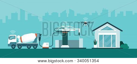 Robotic Arm Building A 3d Printed House And Cement Mixer Truck Mixing The Material, Innovative Const