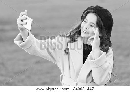 Stay In The Loop. Happy Small Blogger Keep Video Blog Or Vlog. Cute Girl Show Ok Gesture For Blog Ph