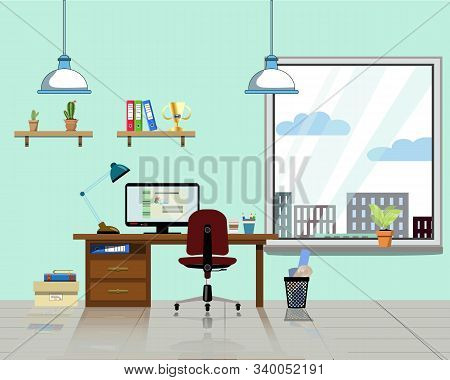 Office Workplace With Table, Bookcase, Window With House Plant. Modern Computer, Table Shelves, Lamp