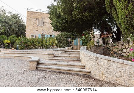 Jerusalem, Israel, December 07, 2019 : The Garden Of The Our Lady Of The Ark Of The Covenant Church 
