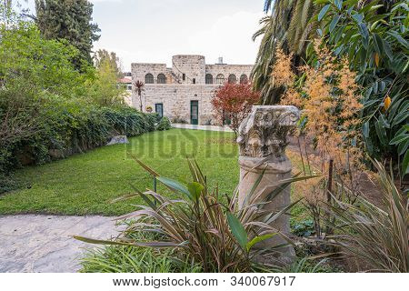 Jerusalem, Israel, December 07, 2019 : Decorative Garden Of The Benedictine Abbey Of Abu Gosh In The