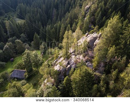 Aerial View Stone Rocks Ternoshorska Lada Amidst Beautiful Scenic Carpathian Mountains And Forest. S