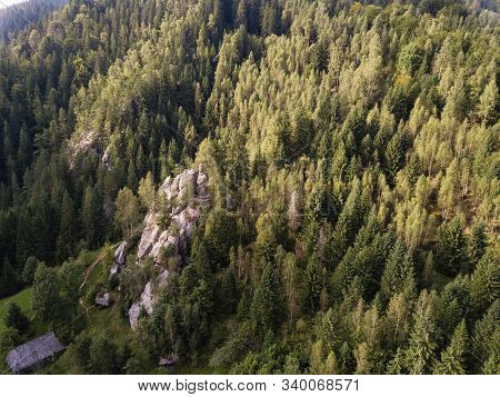 Aerial View Stone Rocks Ternoshorska Lada Amidst Beautiful Scenic Carpathian Mountains And Forest. S