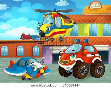 Cartoon Scene With Plane Vehicle On The Road Near The Garage Or Repair Station And Helicopter Flying