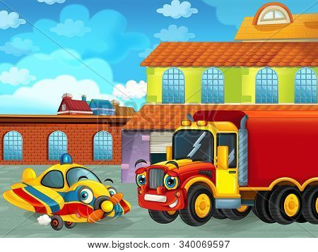 Cartoon Scene With Car Vehicle On The Road Near The Garage Or Repair Station And Plane - Illustratio