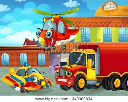 Cartoon Scene With Car Vehicle On The Road Near The Garage Or Repair Station And Helicopter Flying -