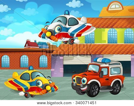 cartoon scene with car vehicle on the road near the garage or repair station - illustration for chil