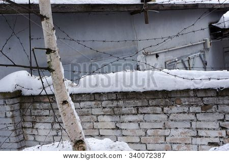 Barbed wire and snow on brick fence in winter.                     