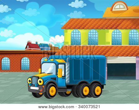 Cartoon Scene With Car Vehicle On The Road Near The Garage Or Repair Station - Illustration For Chil