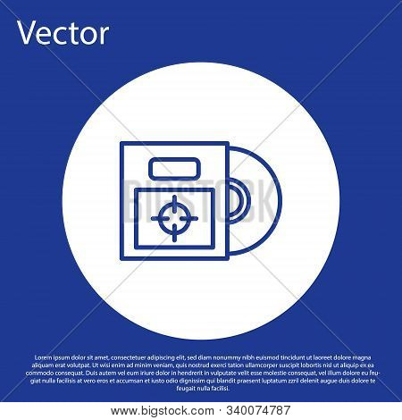 Blue Line Cd Or Dvd Disk In Box Icon Isolated On Blue Background. Compact Disc Sign. White Circle Bu