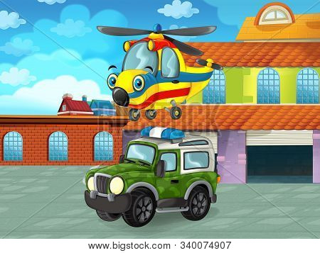 Cartoon Scene With Plane Vehicle On The Road Near The Garage Or Repair Station And Helicopter Flying