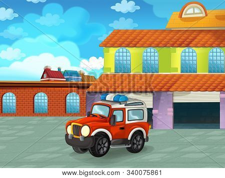 Cartoon Scene With Car Vehicle On The Road Near The Garage Or Repair Station - Illustration For Chil