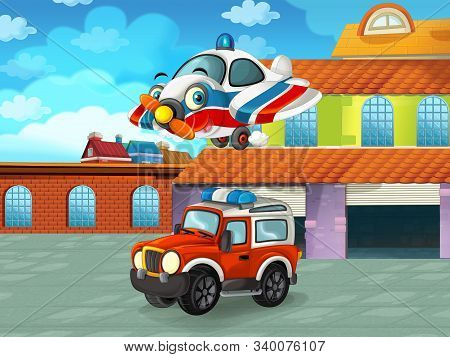 Cartoon Scene With Car Vehicle On The Road Near The Garage Or Repair Station - Illustration For Chil