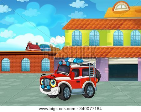 Cartoon Scene With Car Vehicle On The Road Near The Garage Or Repair Station - Illustration For Chil