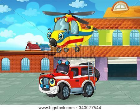 Cartoon Scene With Car Vehicle On The Road Near The Garage Or Repair Station - Illustration For Chil