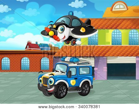 Cartoon Scene With Car Vehicle On The Road Near The Garage Or Repair Station - Illustration For Chil