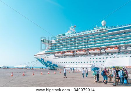 Tourist Are Boarding The Diamond Princess Cruise In Sakata Port; Japan.