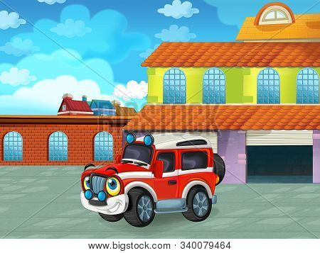 Cartoon Scene With Car Vehicle On The Road Near The Garage Or Repair Station - Illustration For Chil
