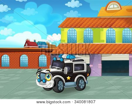 Cartoon Scene With Car Vehicle On The Road Near The Garage Or Repair Station - Illustration For Chil